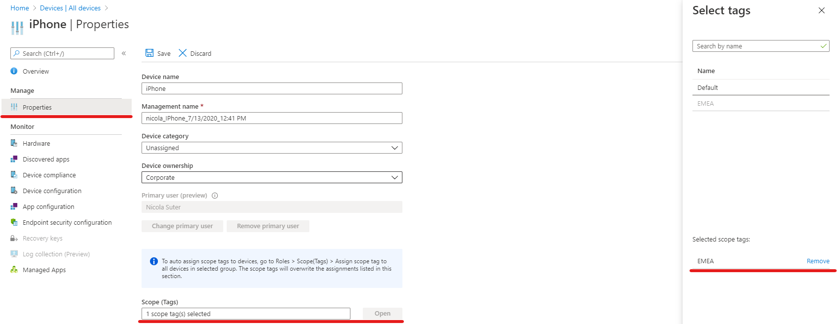 Assign intune scope tag to device