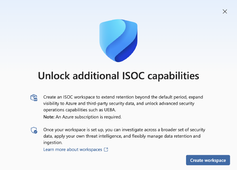 ISOC workspace creation dialog noting that an Azure subscription is required