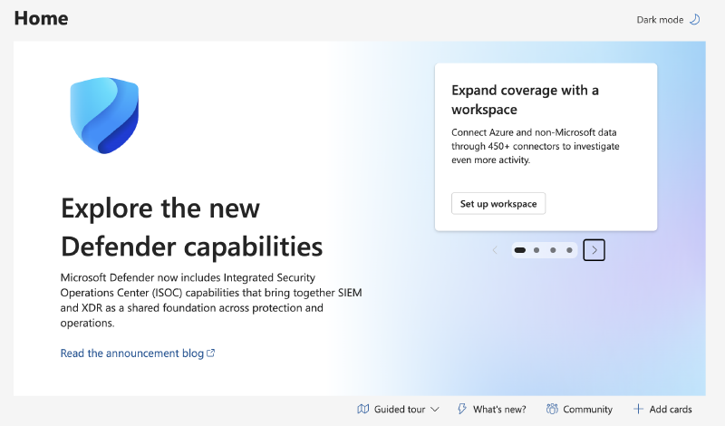 Microsoft Defender home page with the Set up workspace prompt