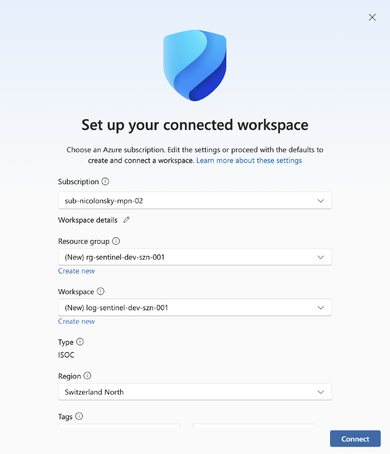 ISOC workspace setup with customized names and Switzerland North selected as the region