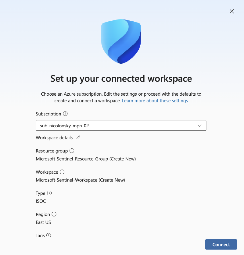 ISOC workspace setup showing the default resource group, workspace name, and region