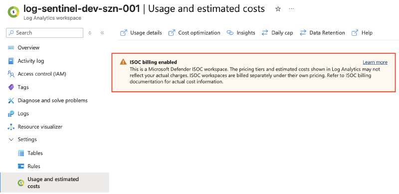 Log Analytics workspace showing the ISOC pricing tier