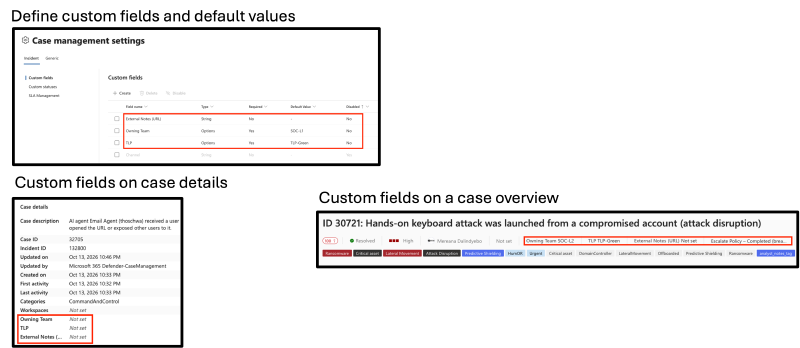 Custom field settings and the corresponding fields in the case header and details