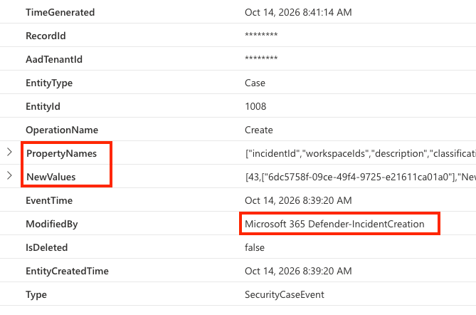 SecurityCaseEvent record with PropertyNames, NewValues and ModifiedBy highlighted