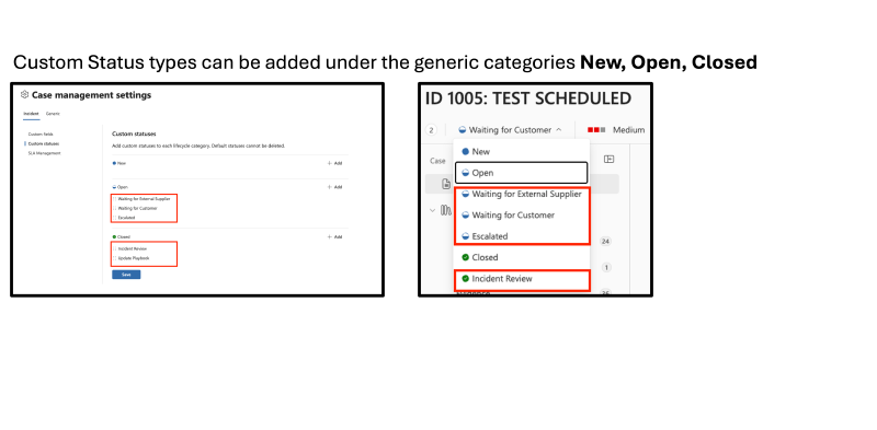 Custom statuses configured by lifecycle category and shown in a case status menu