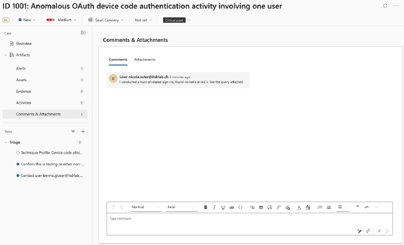Case comments and attachments view with a comment editor