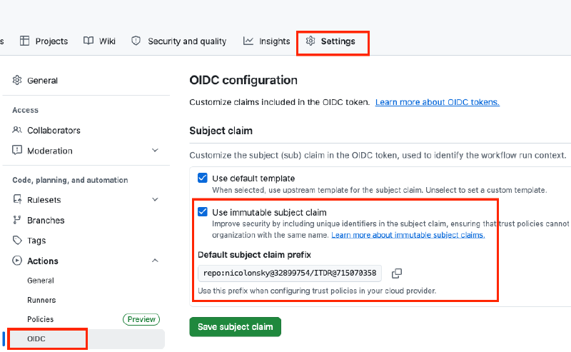 GitHub immutable subject config
