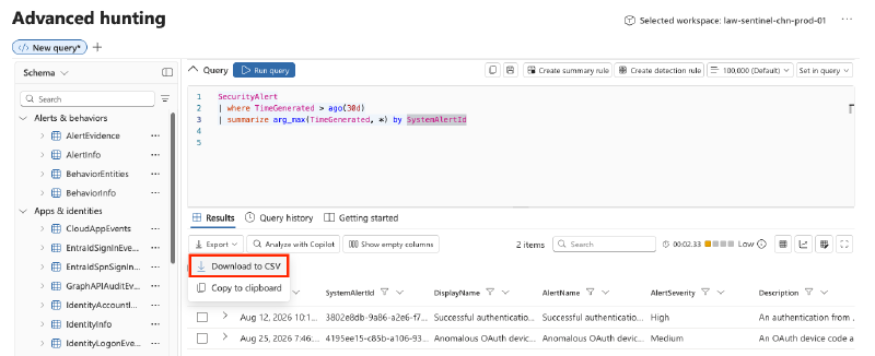 Export Alerts from Defender XDR